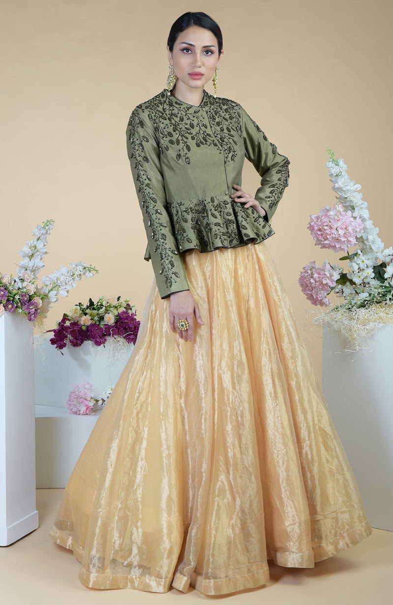 Dark Foliage Hand Embroidered Peplum & Skirt Set