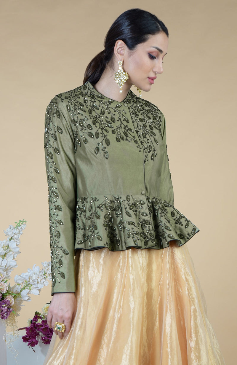 Dark Foliage Hand Embroidered Peplum & Skirt Set