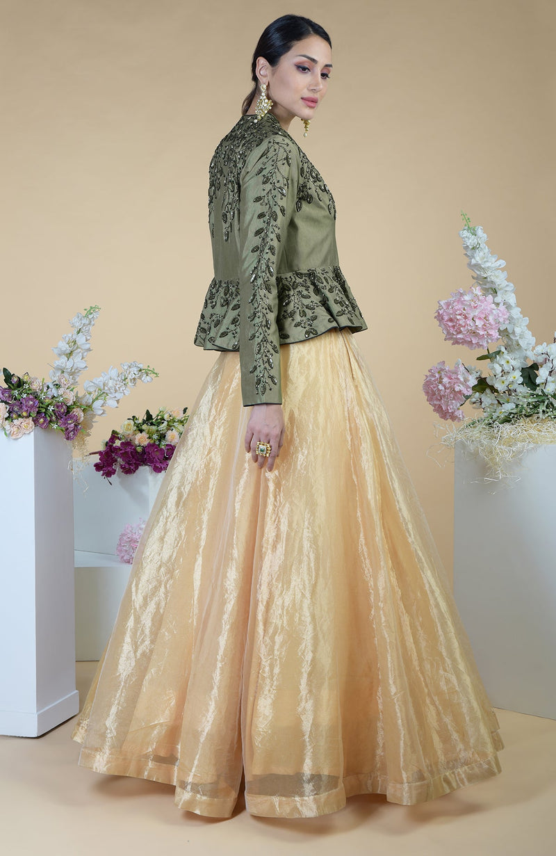 Dark Foliage Hand Embroidered Peplum & Skirt Set