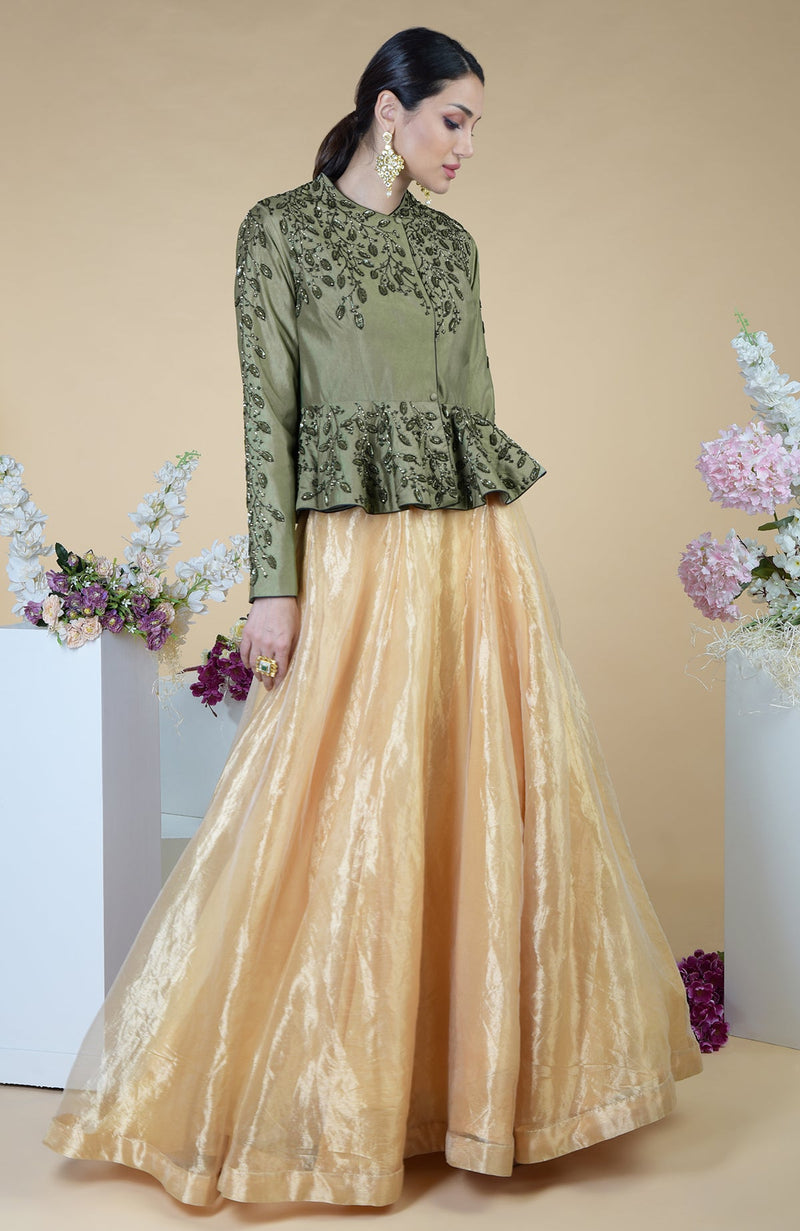 Dark Foliage Hand Embroidered Peplum & Skirt Set