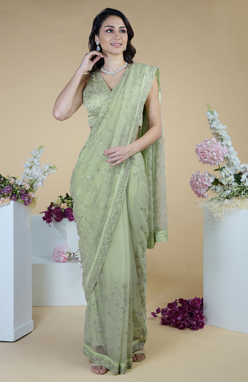 Pastel Mint Silver Beads & Sequin Zardozi Hand Embroidered Saree