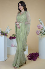 Pastel Mint Silver Beads & Sequin Zardozi Hand Embroidered Saree