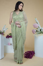 Pastel Mint Silver Beads & Sequin Zardozi Hand Embroidered Saree