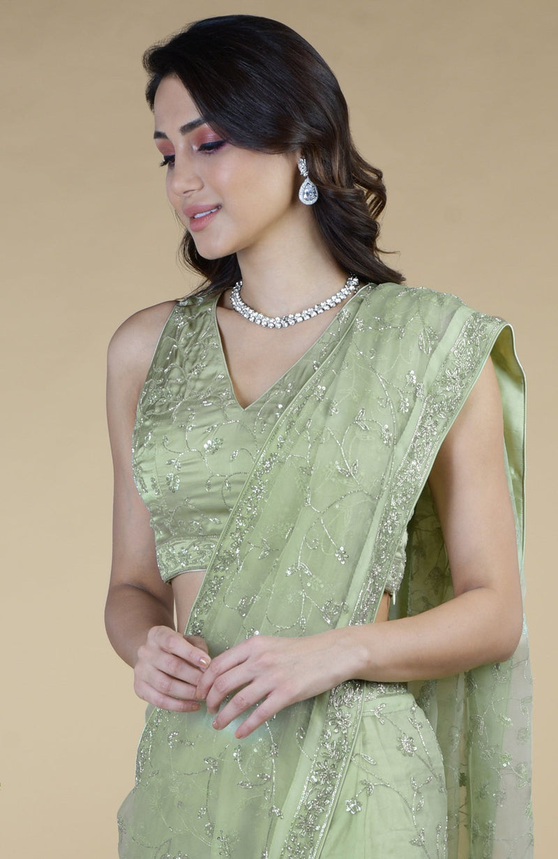 Pastel Mint Silver Beads & Sequin Zardozi Hand Embroidered Saree