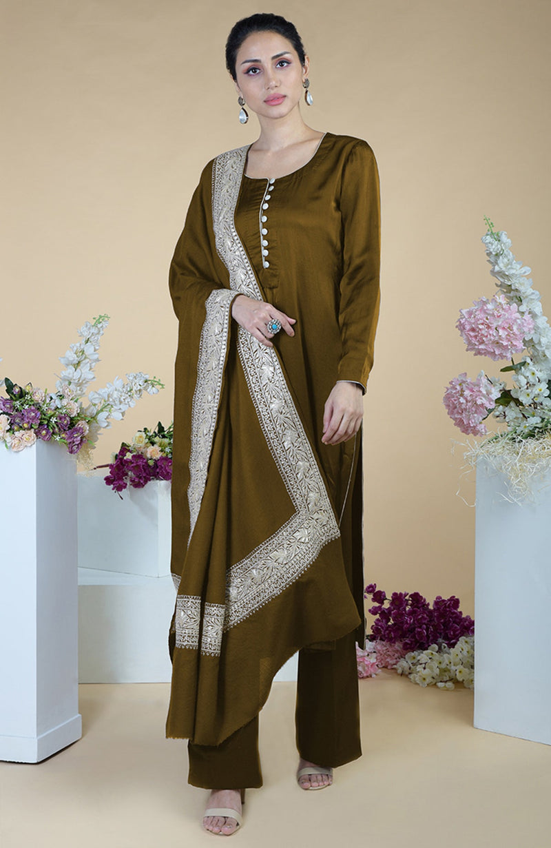Teal Kashmiri Tilla Embroidered Pure Silk Dupatta Suit