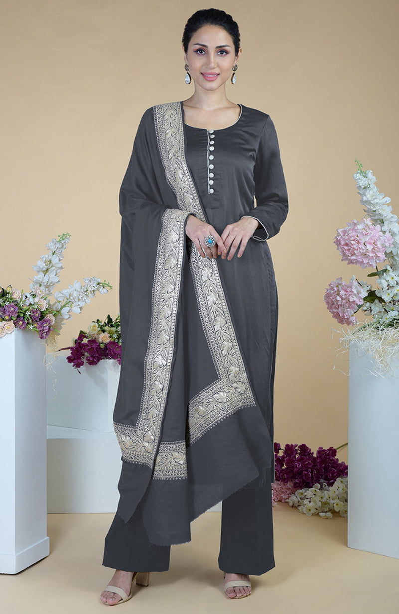 Grey Kashmiri Tilla Embroidered Silk Dupatta with Suit