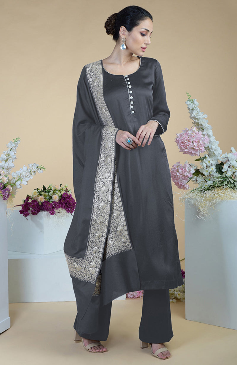 Grey Kashmiri Tilla Embroidered Silk Dupatta with Suit