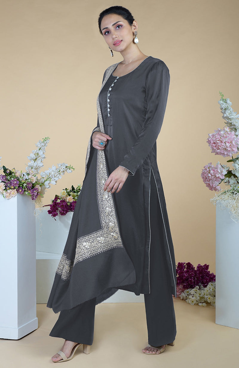 Grey Kashmiri Tilla Embroidered Silk Dupatta with Suit