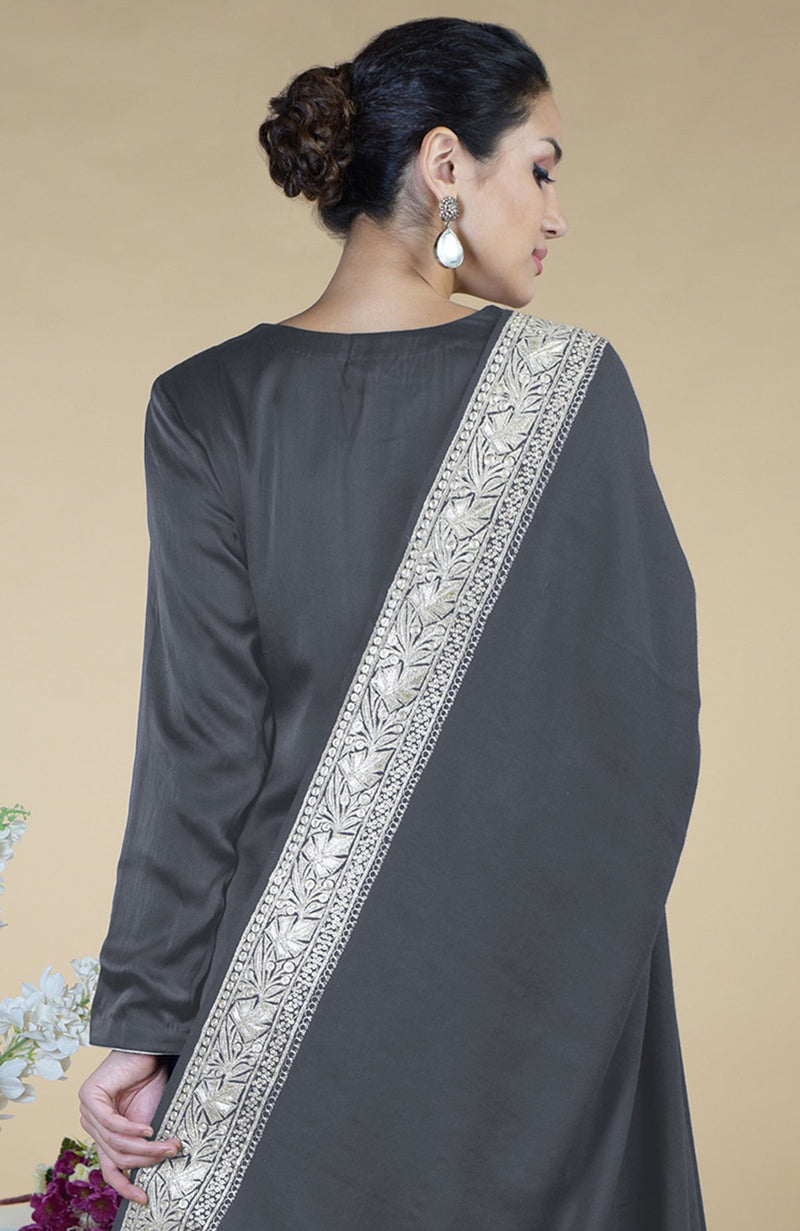 Grey Kashmiri Tilla Embroidered Silk Dupatta with Suit