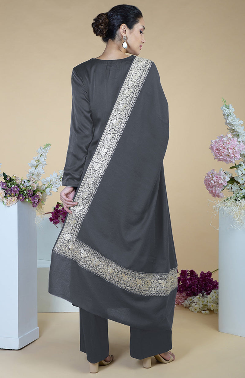 Grey Kashmiri Tilla Embroidered Silk Dupatta with Suit