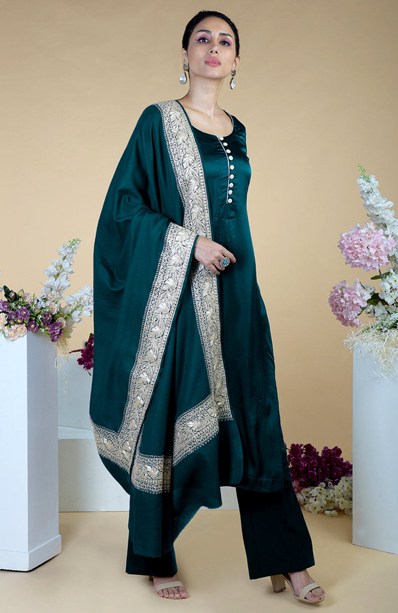Teal Kashmiri Tilla Embroidered Pure Silk Dupatta Suit