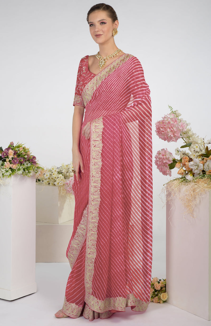 Garnet Rose Leheriya Kashmiri Paisley Tilla Aari Embroidered Saree