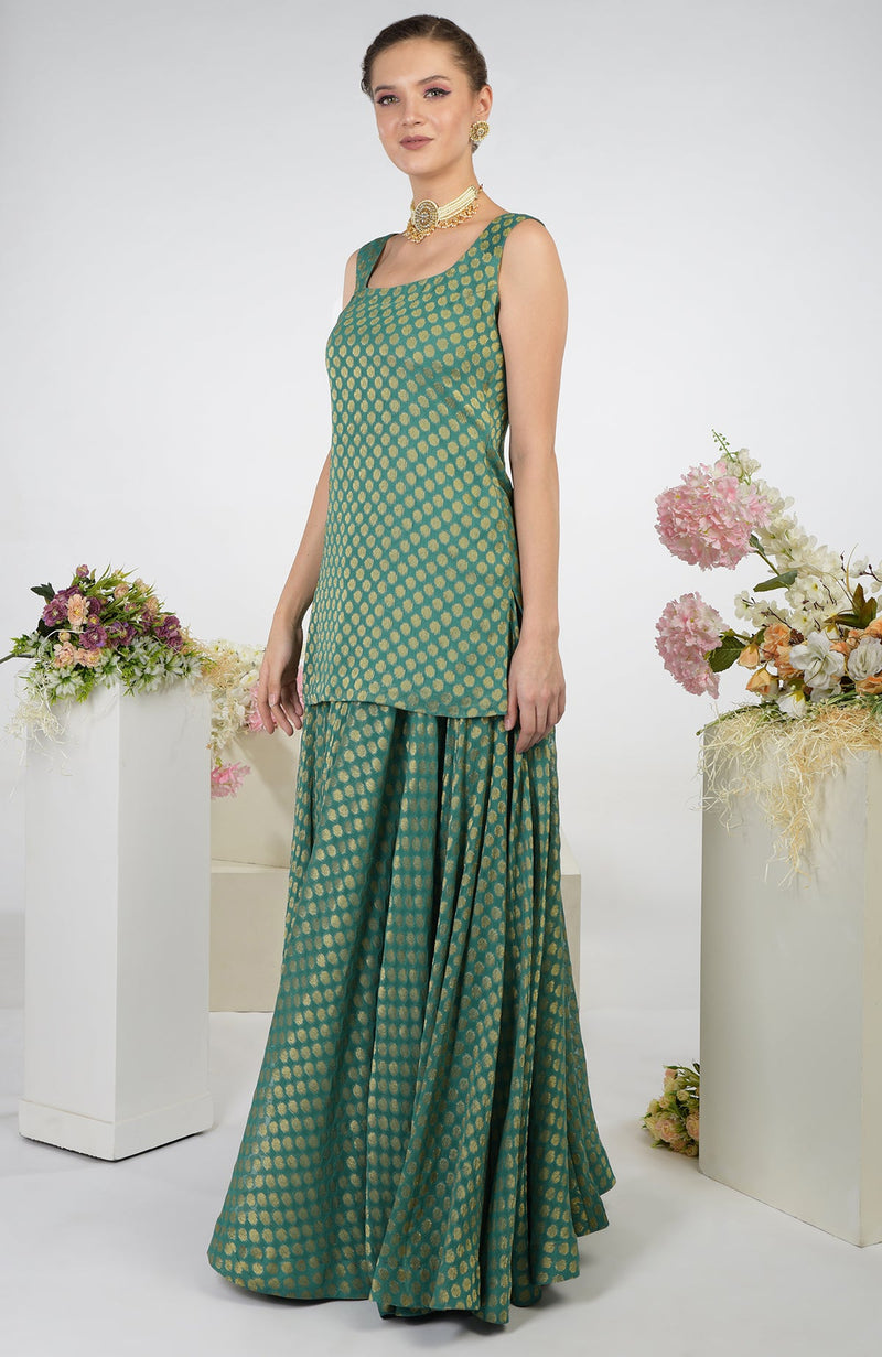 Bottle Green Banarasi Zardozi Kalidaar Skirt Set