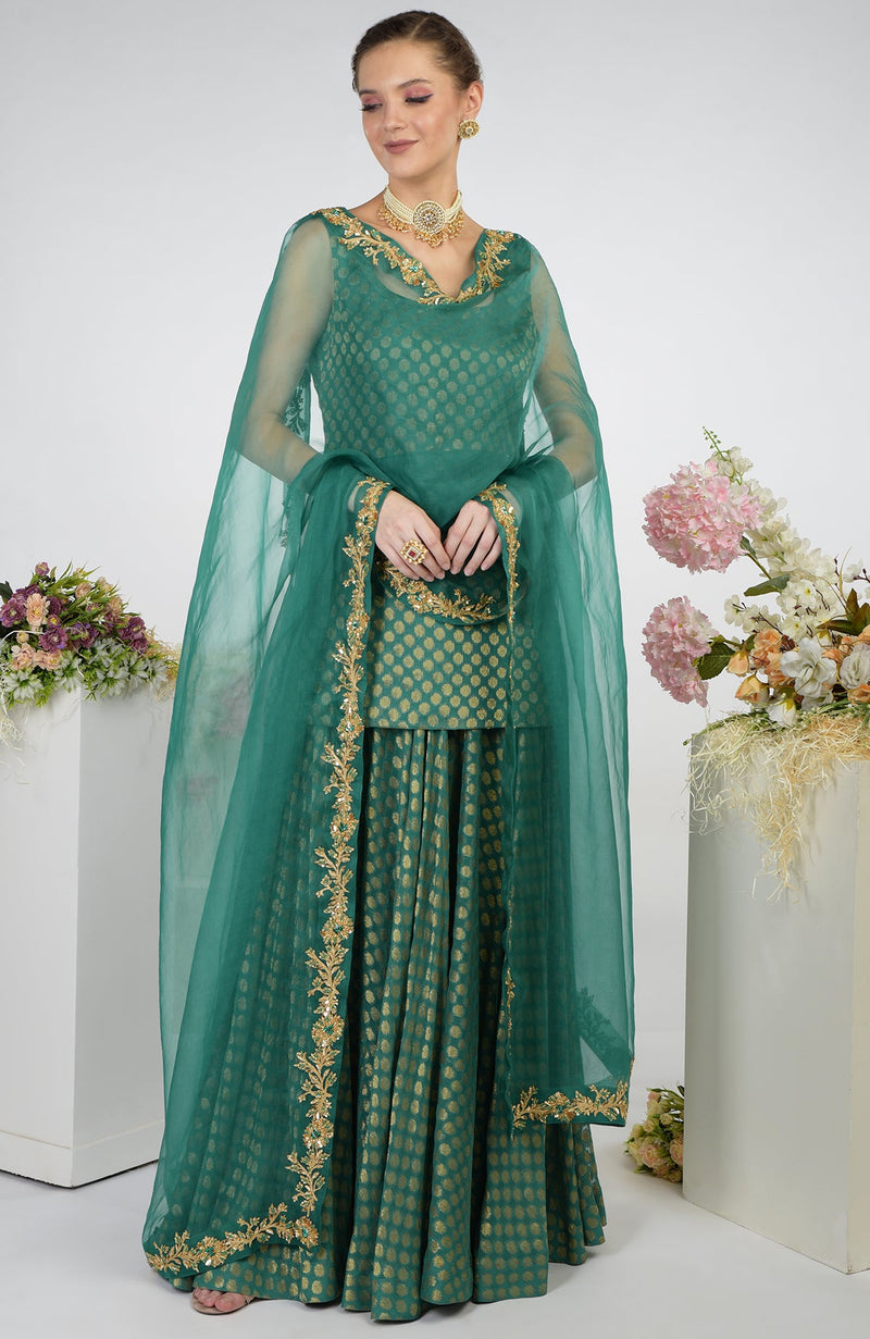 Bottle Green Banarasi Zardozi Kalidaar Skirt Set