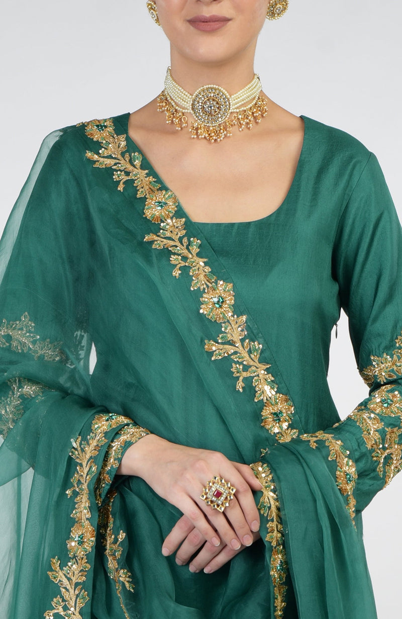 Bottle Green Banarasi Zardozi Kalidaar Skirt Set
