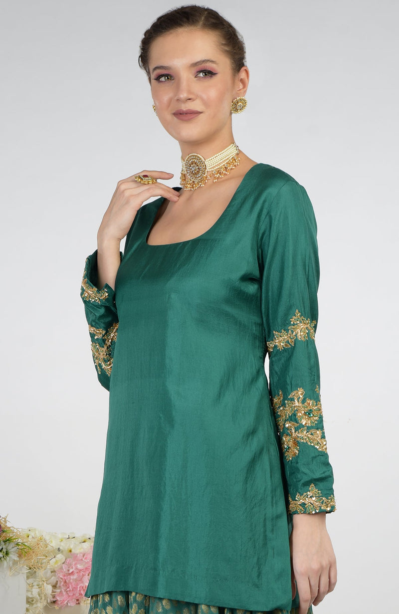 Bottle Green Banarasi Zardozi Kalidaar Skirt Set