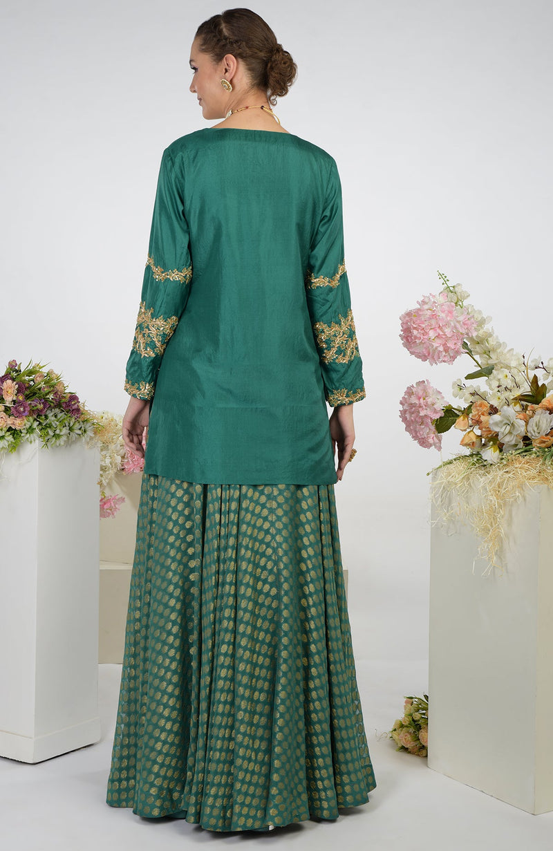 Bottle Green Banarasi Zardozi Kalidaar Skirt Set