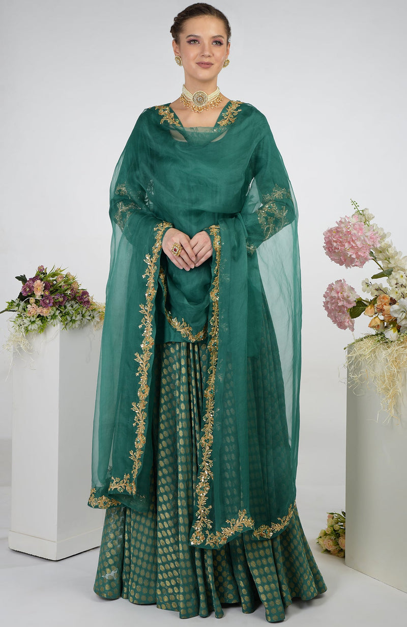Bottle Green Banarasi Zardozi Kalidaar Skirt Set
