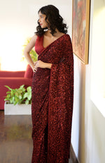 Red Dahlia Sequin Couture Hand Embroidered Saree