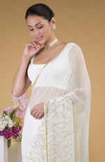 Ivory Gold Beads & Sequin Zardozi Hand Embroidered Saree