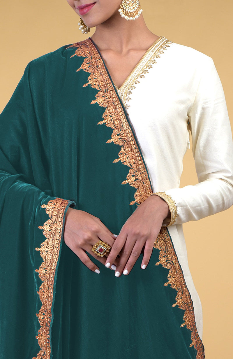 Dark Teal Kashmiri Tilla Embroidered Dupatta Shawl