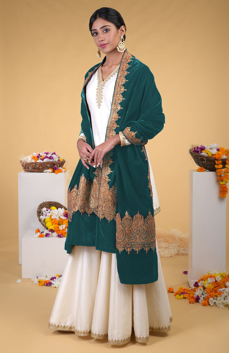 Dark Teal Kashmiri Tilla Embroidered Dupatta Shawl