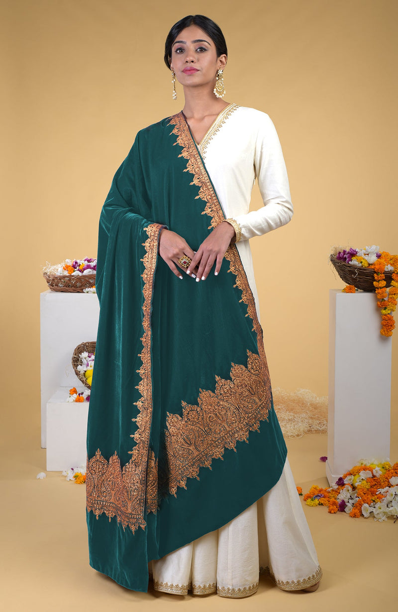 Dark Teal Kashmiri Tilla Embroidered Dupatta Shawl