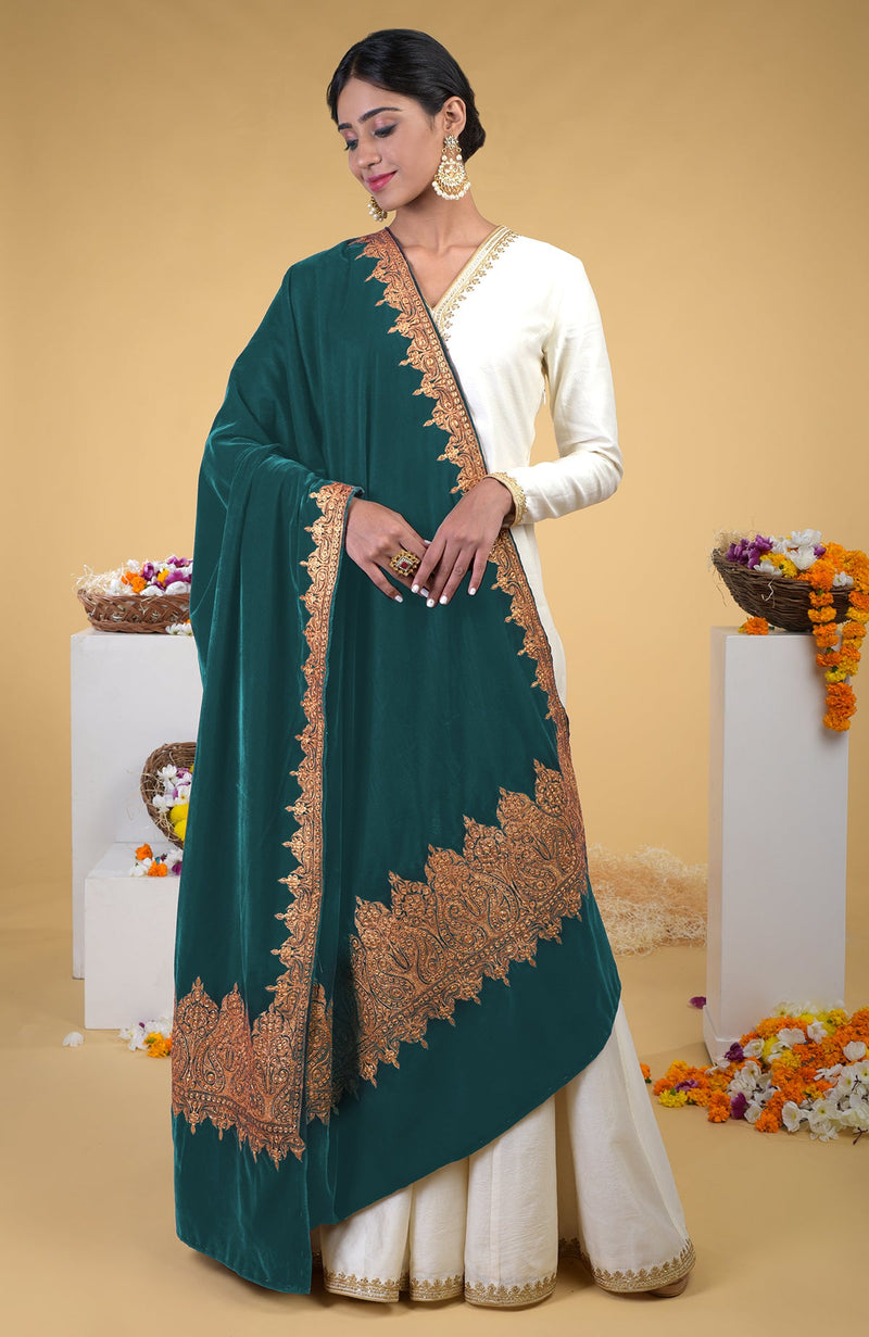 Dark Teal Kashmiri Tilla Embroidered Dupatta Shawl