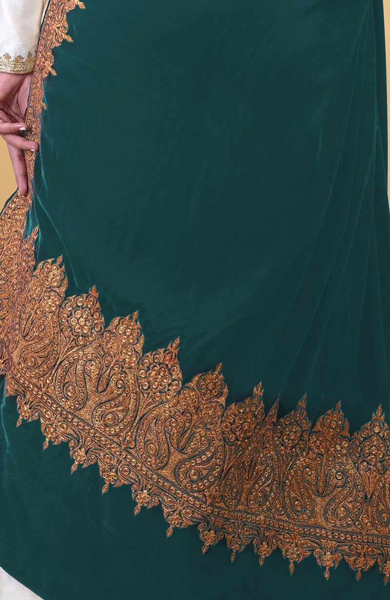 Dark Teal Kashmiri Tilla Embroidered Dupatta Shawl