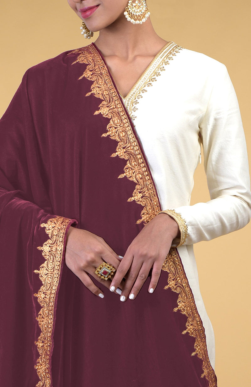 Merlot Kashmiri Tilla Embroidered Dupatta Shawl