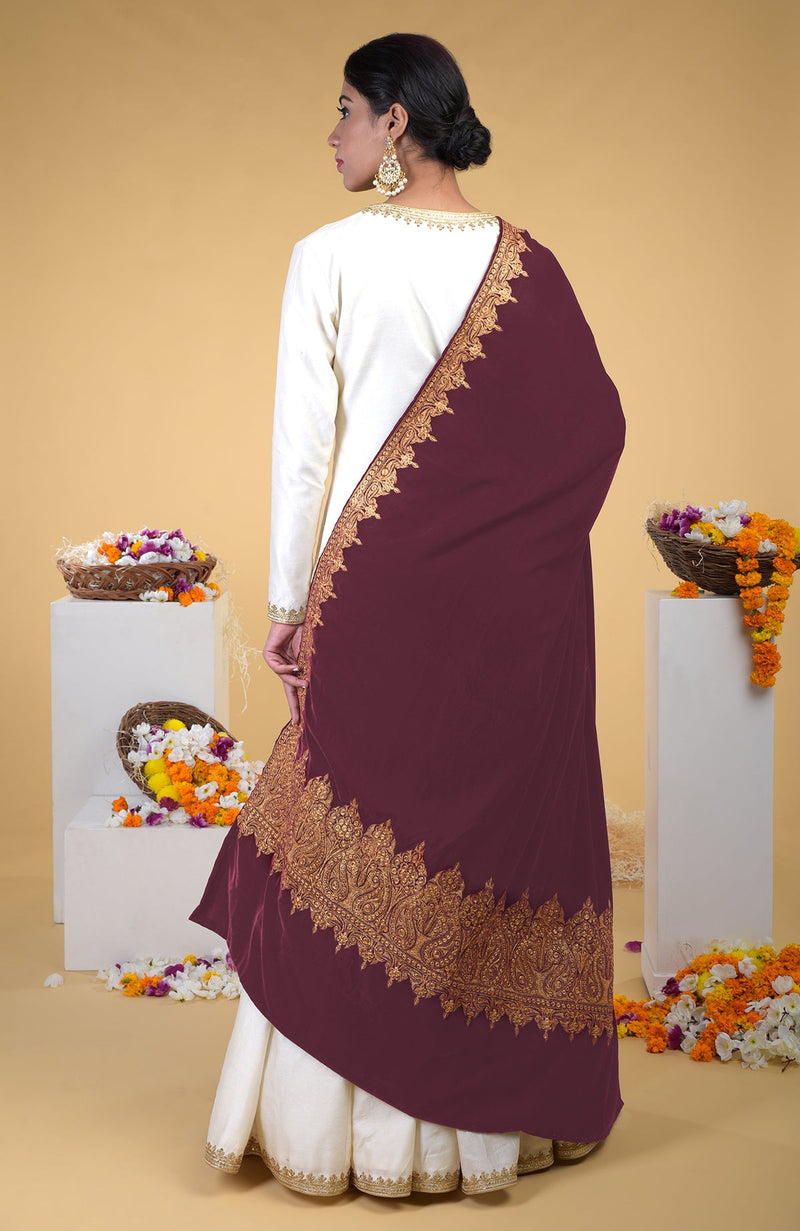 Merlot Kashmiri Tilla Embroidered Dupatta Shawl