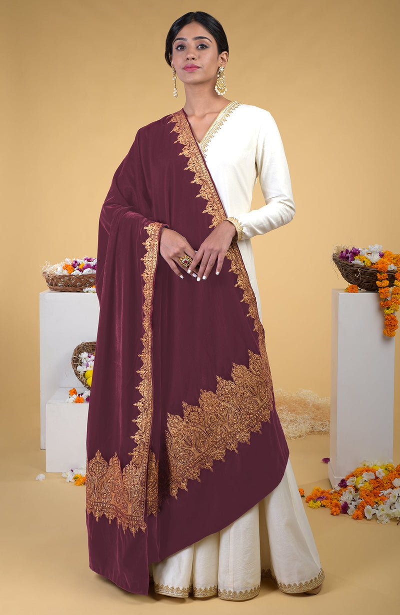 Merlot Kashmiri Tilla Embroidered Dupatta Shawl
