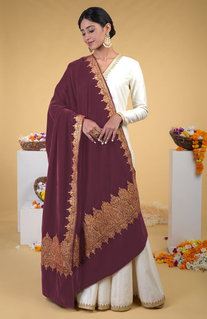 Merlot Kashmiri Tilla Embroidered Dupatta Shawl