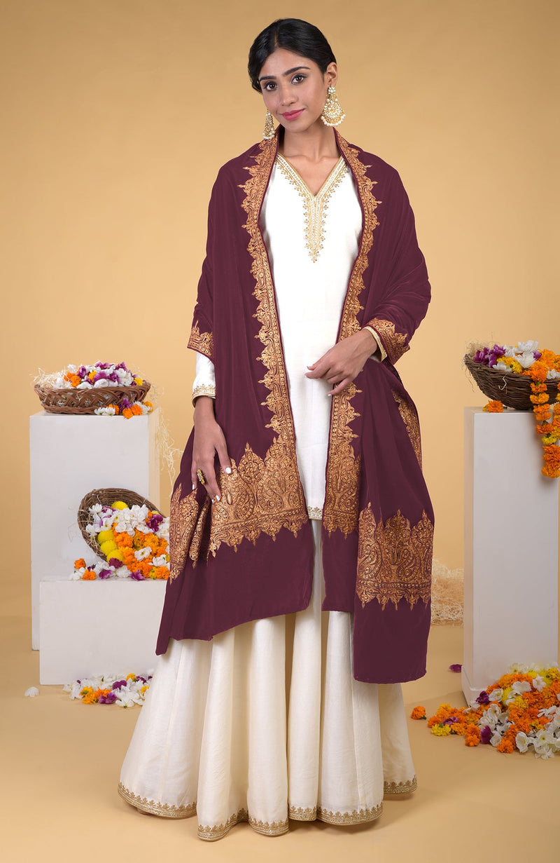 Merlot Kashmiri Tilla Embroidered Dupatta Shawl