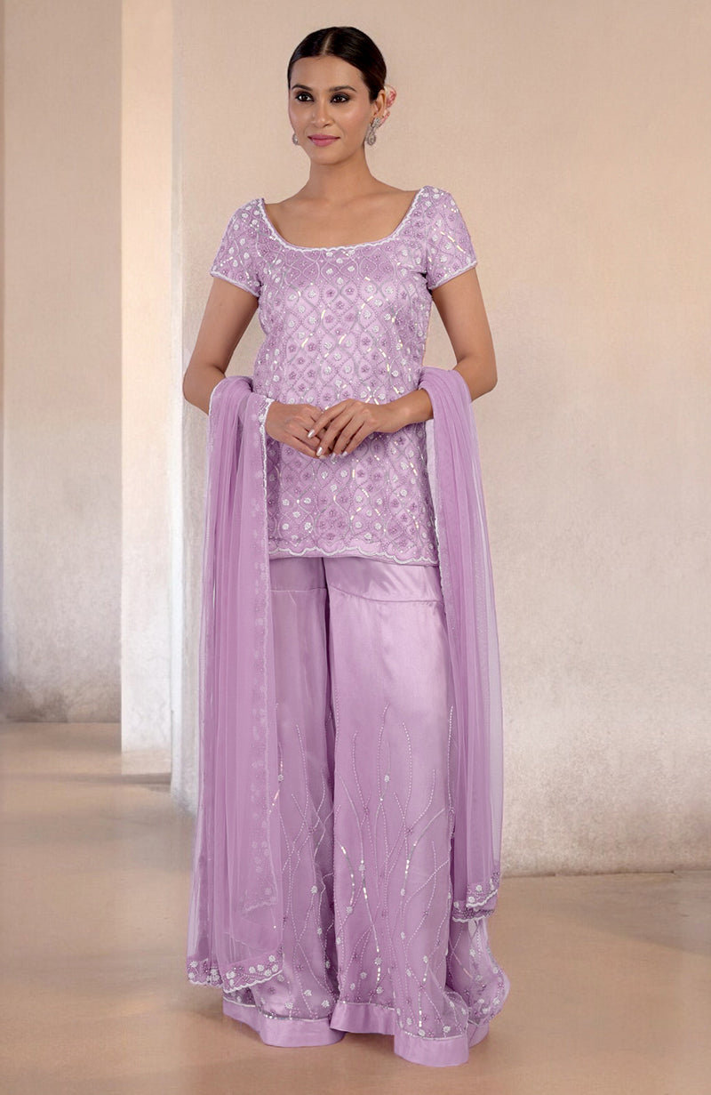 Lilac Silk Organza Hand Beaded Sharara Set
