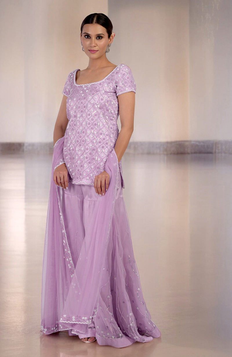 Lilac Silk Organza Hand Beaded Sharara Set