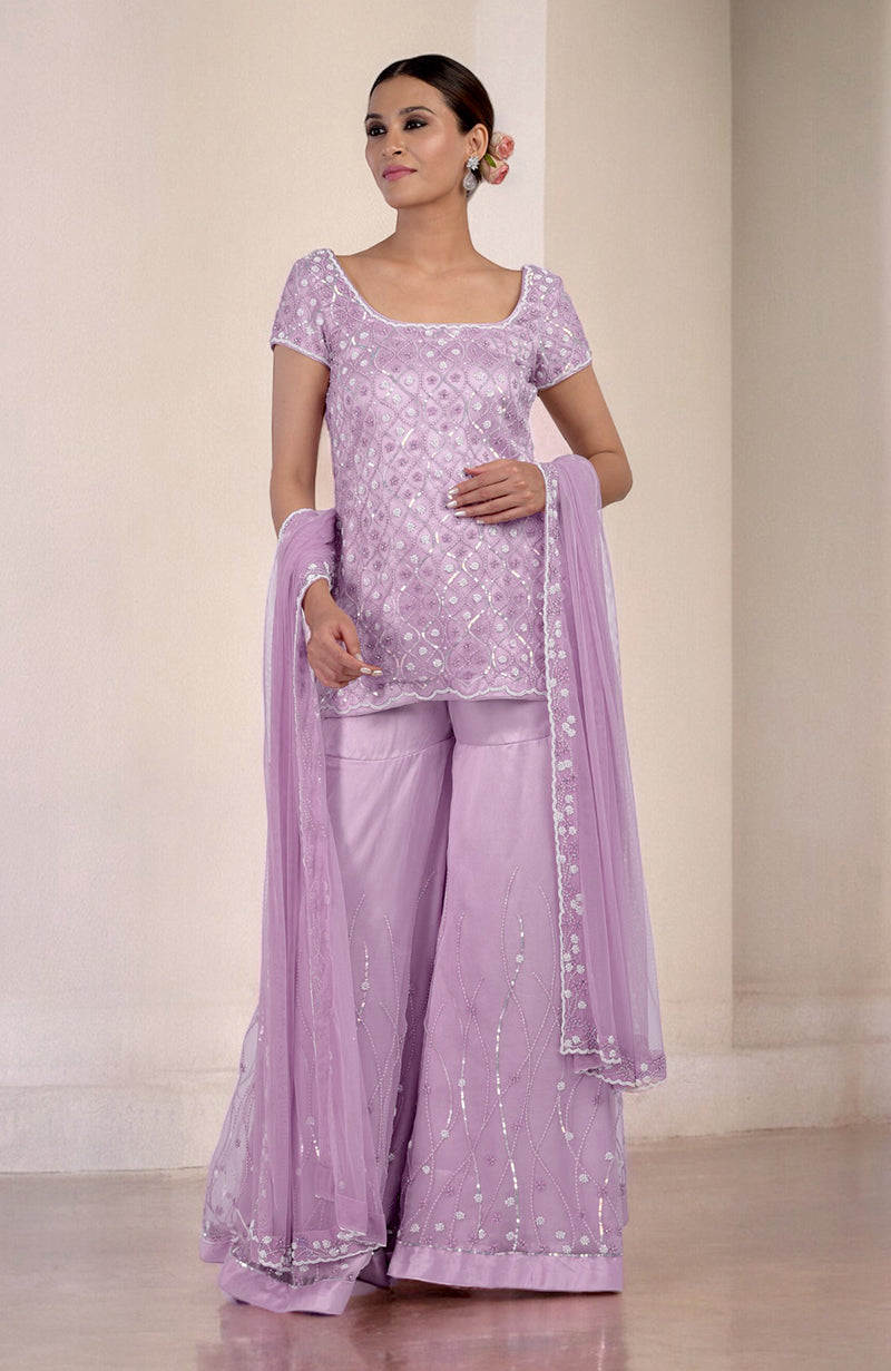 Lilac Silk Organza Hand Beaded Sharara Set