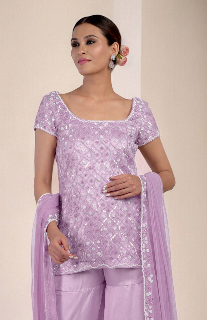 Lilac Silk Organza Hand Beaded Sharara Set
