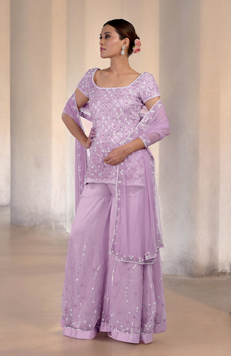 Lilac Silk Organza Hand Beaded Sharara Set