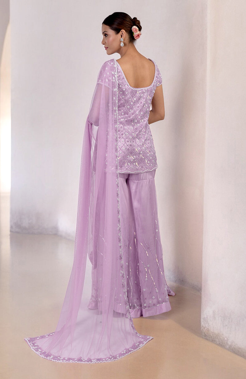 Lilac Silk Organza Hand Beaded Sharara Set
