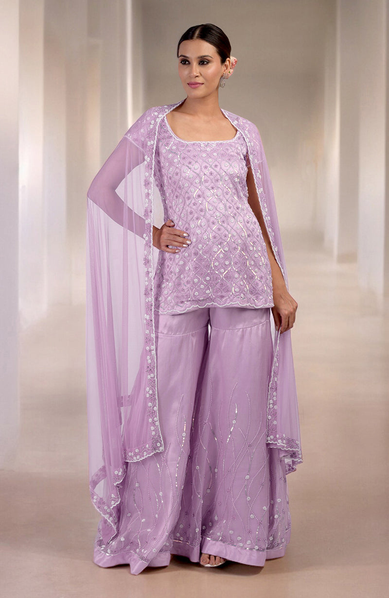 Lilac Silk Organza Hand Beaded Sharara Set