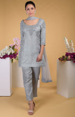 Grey Silk Organza Hand Embroidered Kurta Set