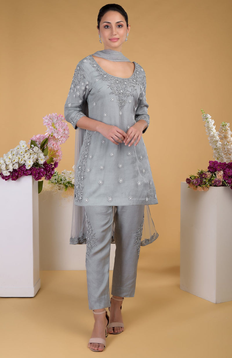 Grey Silk Organza Hand Embroidered Kurta Set