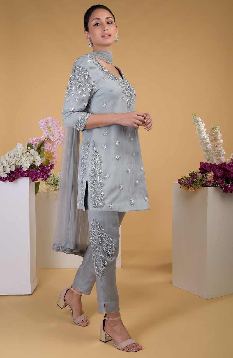 Grey Silk Organza Hand Embroidered Kurta Set