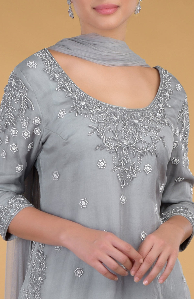 Grey Silk Organza Hand Embroidered Kurta Set