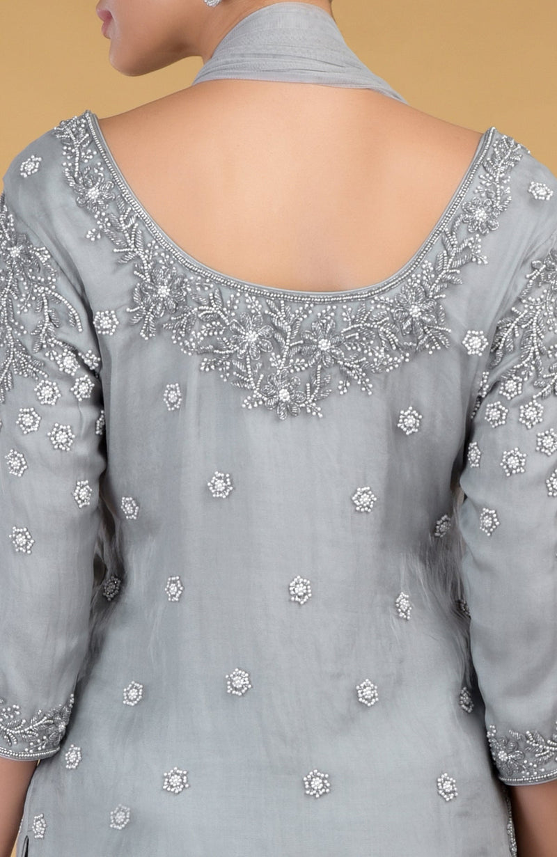 Grey Silk Organza Hand Embroidered Kurta Set