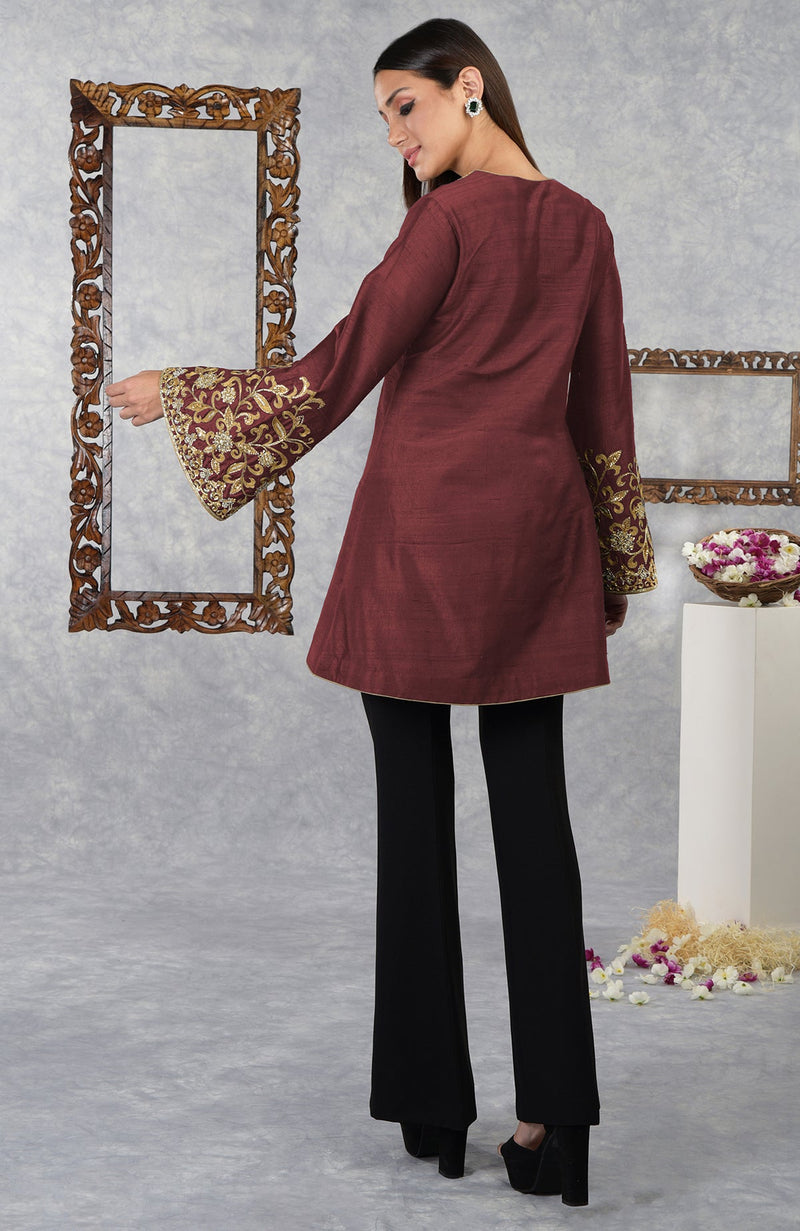 Pomegranate Raw Silk Hand Embroidered Jacket