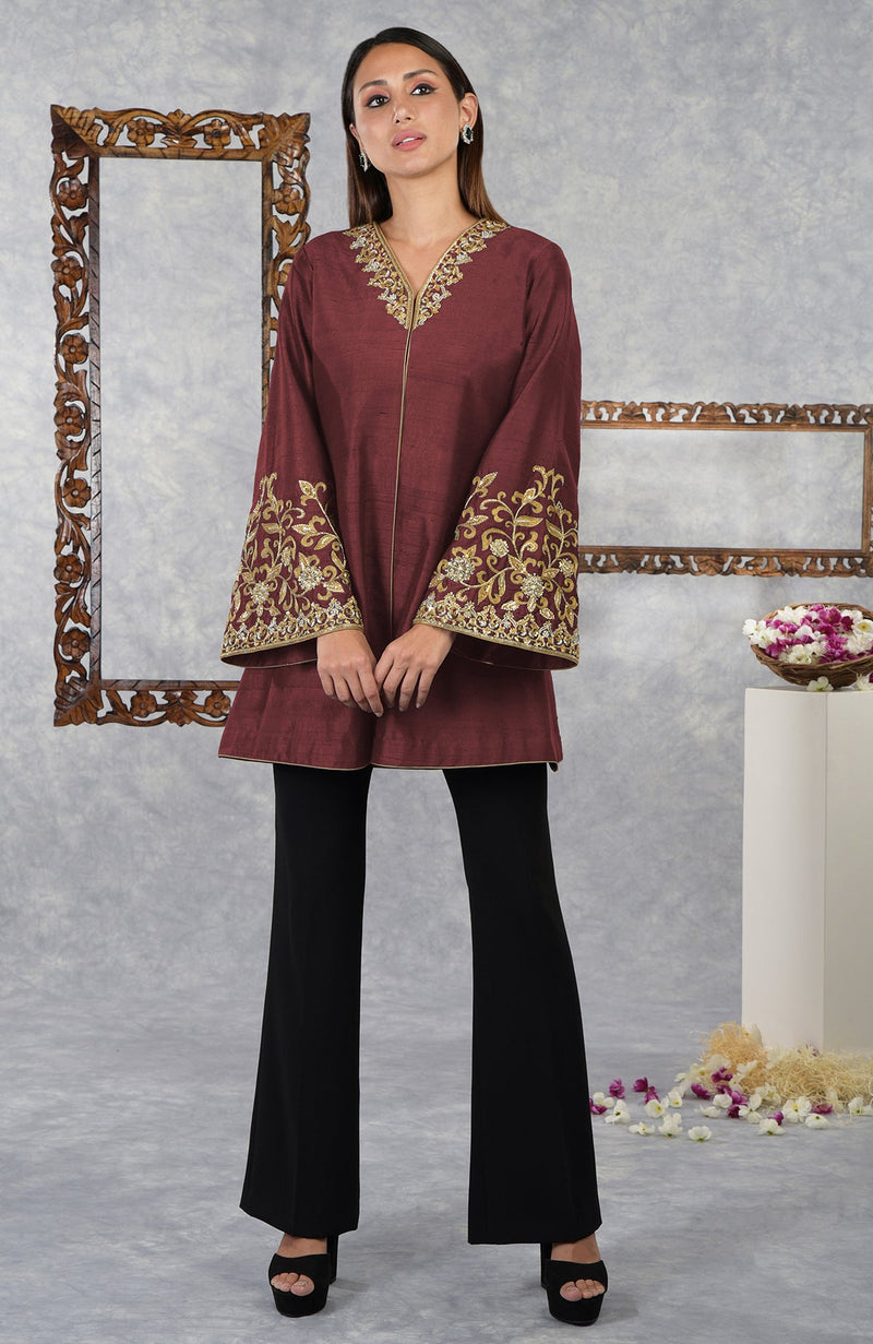 Pomegranate Raw Silk Hand Embroidered Jacket