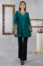 Deep Teal Raw Silk Hand Embroidered Jacket