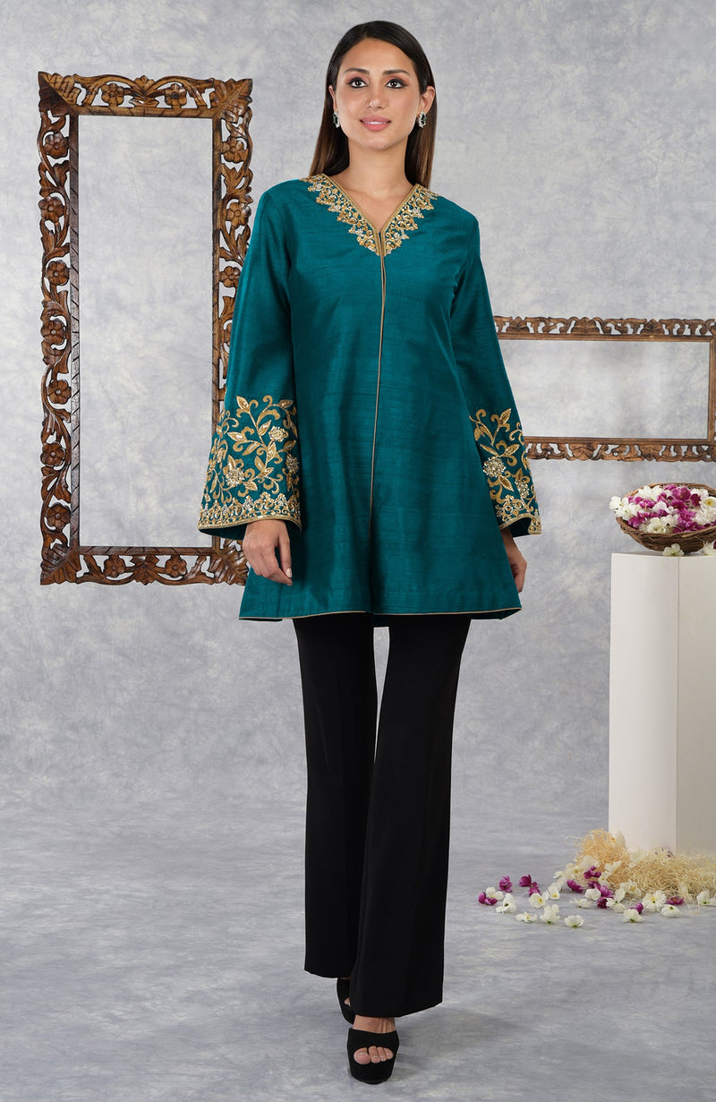 Deep Teal Raw Silk Hand Embroidered Jacket